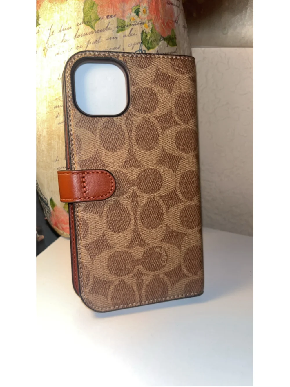 Coach Brown Signature Canvas Phone Wallet with Tan/Brown Trim